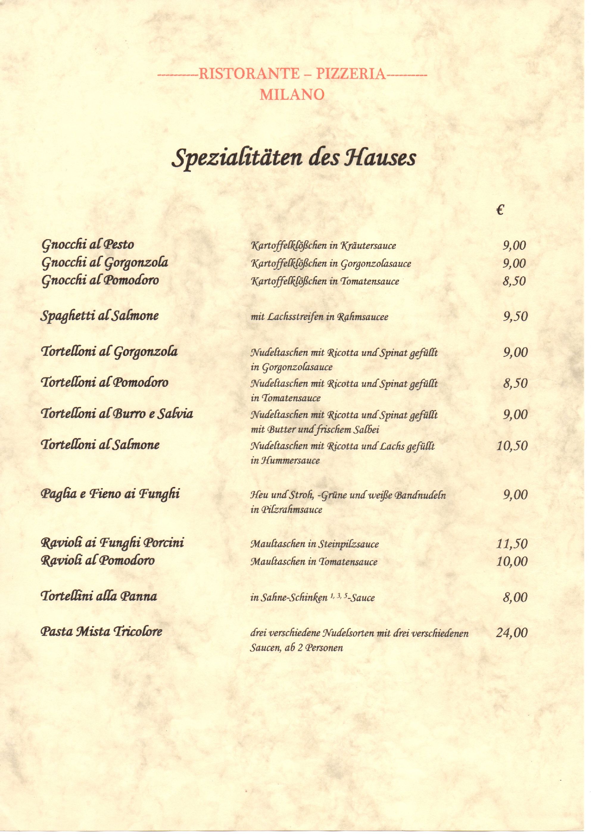 Speisekarte | Ristorante Milano