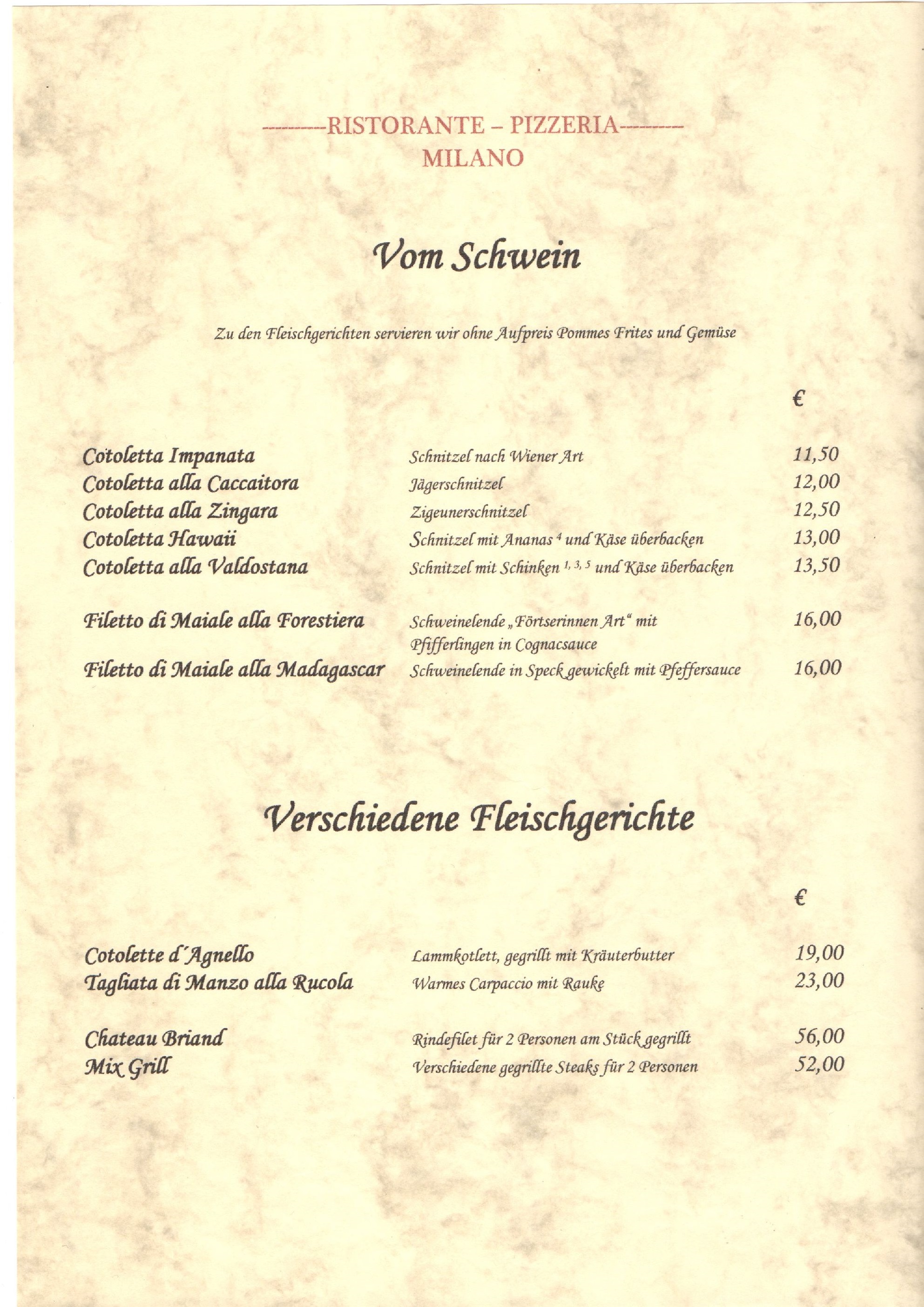 Speisekarte | Ristorante Milano